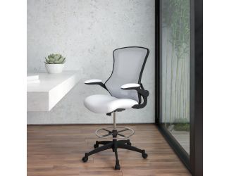 Mid-Back White Mesh Ergonomic Drafting Chair with Foot Ring and Flip-Up Arms