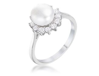 Rhodium Plated Pearl and CZ Ring