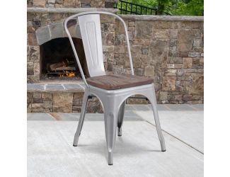 Silver Metal Stackable Chair with Wood Seat - Restaurant Chair - Bistro Chair