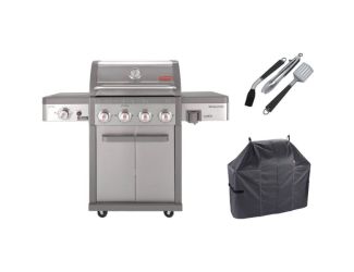 Revolution Grilling Kit with 4-Burner Propane Gas BBQ Grill, Heavy-Duty Cover, and 3-Piece Tool Set