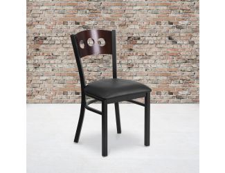Black 3 Circle Back Metal Restaurant Chair - Walnut Wood Back, Black Vinyl Seat