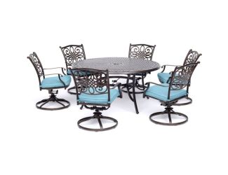 Traditions 7-Piece Dining Set in Blue with a 60 In. Round Cast-top Table and Six Swivel Rockers