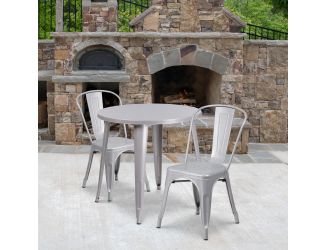 30" Round Silver Metal Indoor-Outdoor Table Set with 2 Cafe Chairs