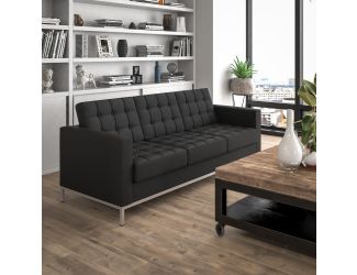 Button Tufted Black LeatherSoft Sofa with Integrated Stainless Steel Frame
