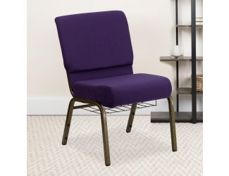 21"W Church Chair in Royal Purple Fabric with Cup Book Rack - Gold Vein Frame