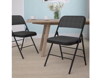 Curved Triple Braced & Double Hinged Black Patterned Fabric Metal Folding Chair