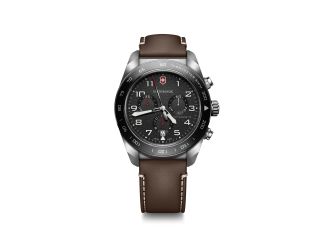 Swiss Army Chrono 42mm, silver case, black bezel/dial, brown leather strap