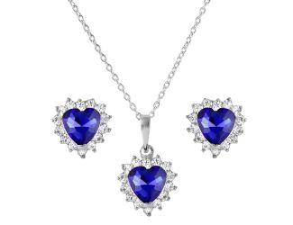 PARIKHS Rhodium Plated Heart Shaped Clear-Blue CZ Necklace-Earring Set in 925 Sterling Silver