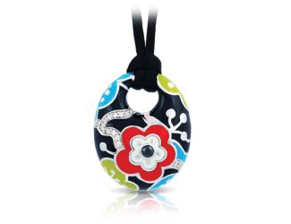 Belle Etoile Round Cubic Zirconia studded Black Background Cherry Blossom Pendant - 925 SS.