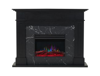 Sofia 53-in. Electric Fireplace Mantel in Black with Black Marble Inlay and Log Display