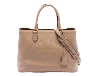 Prada Embossed Logo Soft Leather Handbag Shopper Tote Cammeo Beige