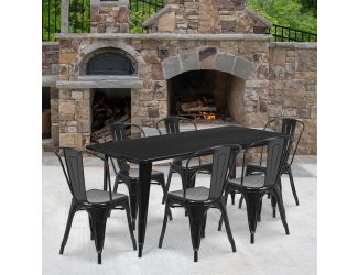 31.5" x 63" Rectangular Black Metal Indoor-Outdoor Table Set with 6 Stack Chairs