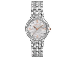 Ladies'' Silhouette Crystal Eco-Drive Watch, SS, Two-tone Dial and brilliant Crystals