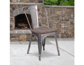 Clear Coated Metal Stackable Chair with Wood Seat
