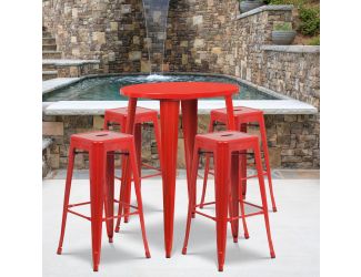 30" Round Red Metal Indoor-Outdoor Bar Table Set with 4 Backless Stools