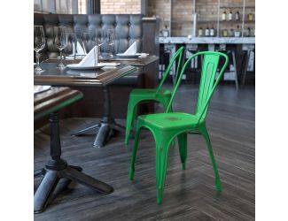 Distressed Green Metal Indoor-Outdoor Stackable Chair - Kitchen Furniture