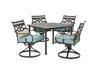 Montclair 5-Piece Patio Dining Set in Ocean Blue with 4 Swivel Rockers and a 40-Inch Square Table