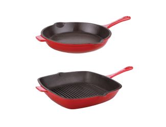 Neo 2pc Cast Iron Set: 10" Fry Pan & 11" Grill Pan, Red