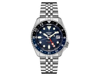Mens Seiko 5 Sport SKX GMT Series Silver-Tone Watch Blue Dial
