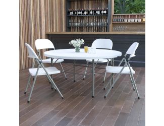 5-Foot Round Bi-Fold Granite White Plastic Folding Table with Carrying Handle