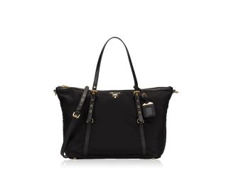 Prada Tessuto Nylon Saffiano Leather Black Top Zip Tote Bag