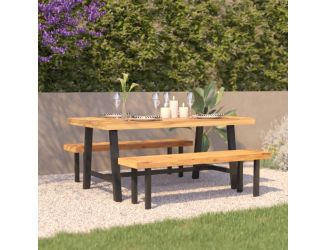 All Weather Commercial Acacia Wood Top Patio Table with Metal Base-Natural/Black