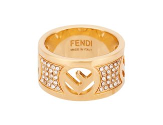 Fendi F is Fendi Logo Ring Wide Band Crystal Gold Metal Size Medium