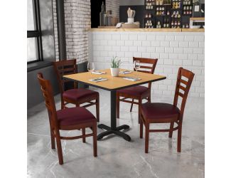 Ladder Back Mahogany Wood Restaurant Chair - Burgundy Vinyl Seat