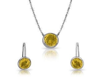 PARIKHS Rhodium Plated CZ and Citrine Round November Birthstone Set in 925 Sterling Silver