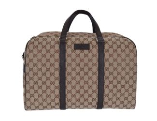 Gucci Large GG Logo Beige Canvas Brown Leather Strap Duffle Bag