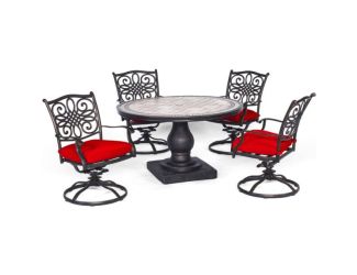 Monaco 5-Piece Dining Set in Red with Four Swivel Rockers and a 51 In. Tile-Top Table