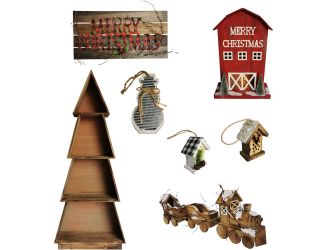 Woodland Christmas 7-Piece Decorating Kit: Tree Shelf, Lighted Barn, Train, Wall Sign, Snowman, and