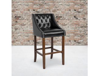 30" High Tufted Walnut Barstool with Accent Nail Trim in Black LeatherSoft
