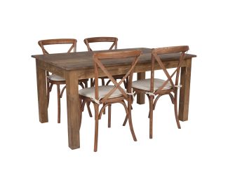 60" x 38" Antique Rustic Farm Table Set with 4 Cross Back Chairs and Cushions