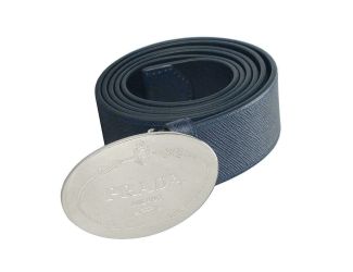 Prada Mens Navy Saffiano Leather Belt Silver Oval Buckle Belt Size 90/36