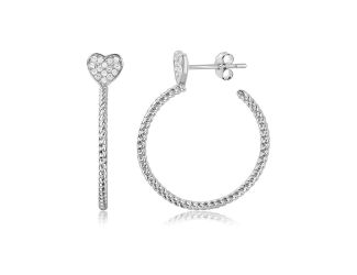 PARIKHS Rhodium Plated Rope Designed Semi Hoop Earring on a CZ Heart in 925 Sterling Silver
