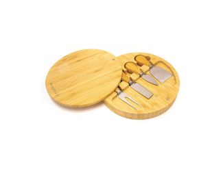Bamboo 6pc Round Cov Cheese Board Set, with 4 Tools, 8.7x1.5"