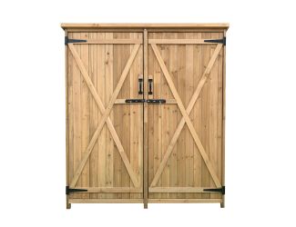 Outdoor Wooden Storage Shed for Tools, Equipment, Garden Supplies, with Shelf and Latch 4.4 Ft. x 1.