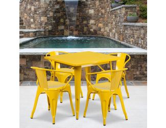 31.5" Square Yellow Metal Indoor-Outdoor Table Set with 4 Arm Chairs