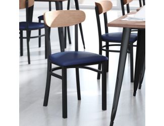 Commercial Metal Dining Chair - Vinyl Seat and Wood Boomerang Back-Blue/Natural