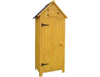 Outdoor Wooden Storage Shed with Pitched Roof, 3 Shelves and Locking Latch in Yellow 2.5 Ft. W x 1.7