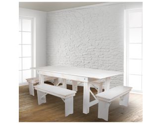 5 Piece Set-7' x 40" Antique Rustic White Folding Farm Table and Four Bench Set