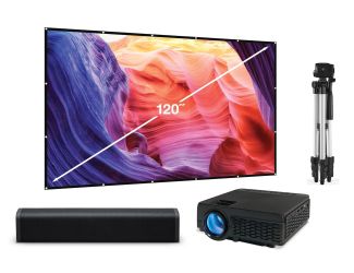 BT Projector Bundle w/ 120" Projection Screen w/15" Speaker Bar and Tripod