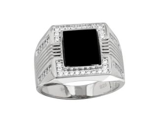 PARIKHS Men's Rhodium Plated Square Flat Onyx Ring with CZ in 925 Sterling Silver - Size-12