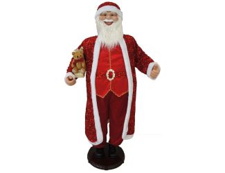 58-In. Dancing Santa in Red Sequin Suit with Teddy Bear and Wrapped Gifts, Life-Size Motion-Activate