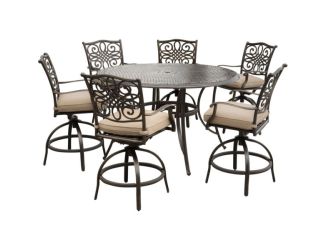 Traditions 7-Piece High-Dining Set in Tan with 6 Swivel Chairs and a 60 In. Cast-Top Table