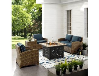 Bradenton 5-Piece Outdoor Wicker Conversation Set With Navy Cushions