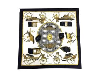 Hermes Les Voitures A Transformation Black and Gold Carriages Silk Scarf