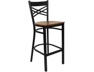 Black "X" Back Metal Restaurant Barstool - Cherry Wood Seat