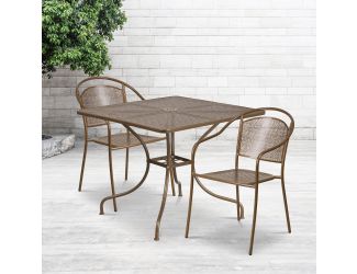 35.5" Square Gold Indoor-Outdoor Steel Patio Table Set w/ 2 Round Back Chairs